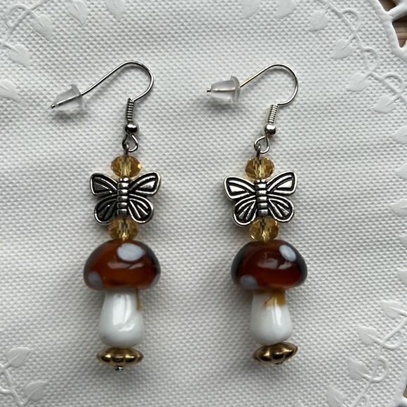 Butterfly Mushroom Earrings, Cottagecore, Dangle, Glass, Gold, Silver - Picture 8 of 11